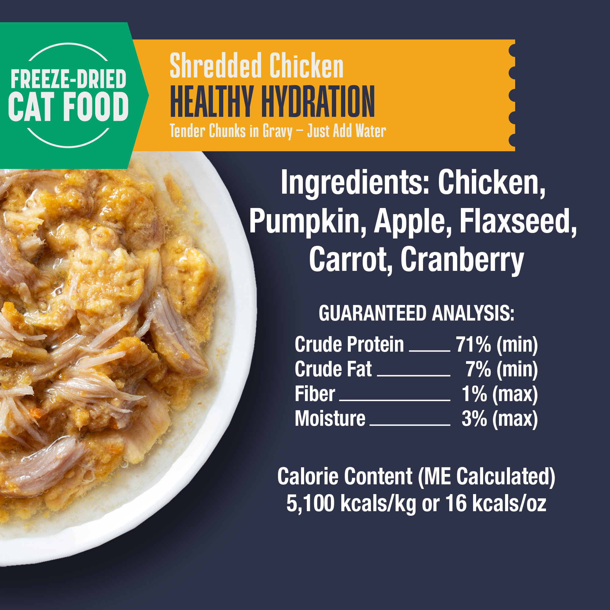 Freeze-dried cat food packaging with ingredients list and guaranteed analysis on a dark background