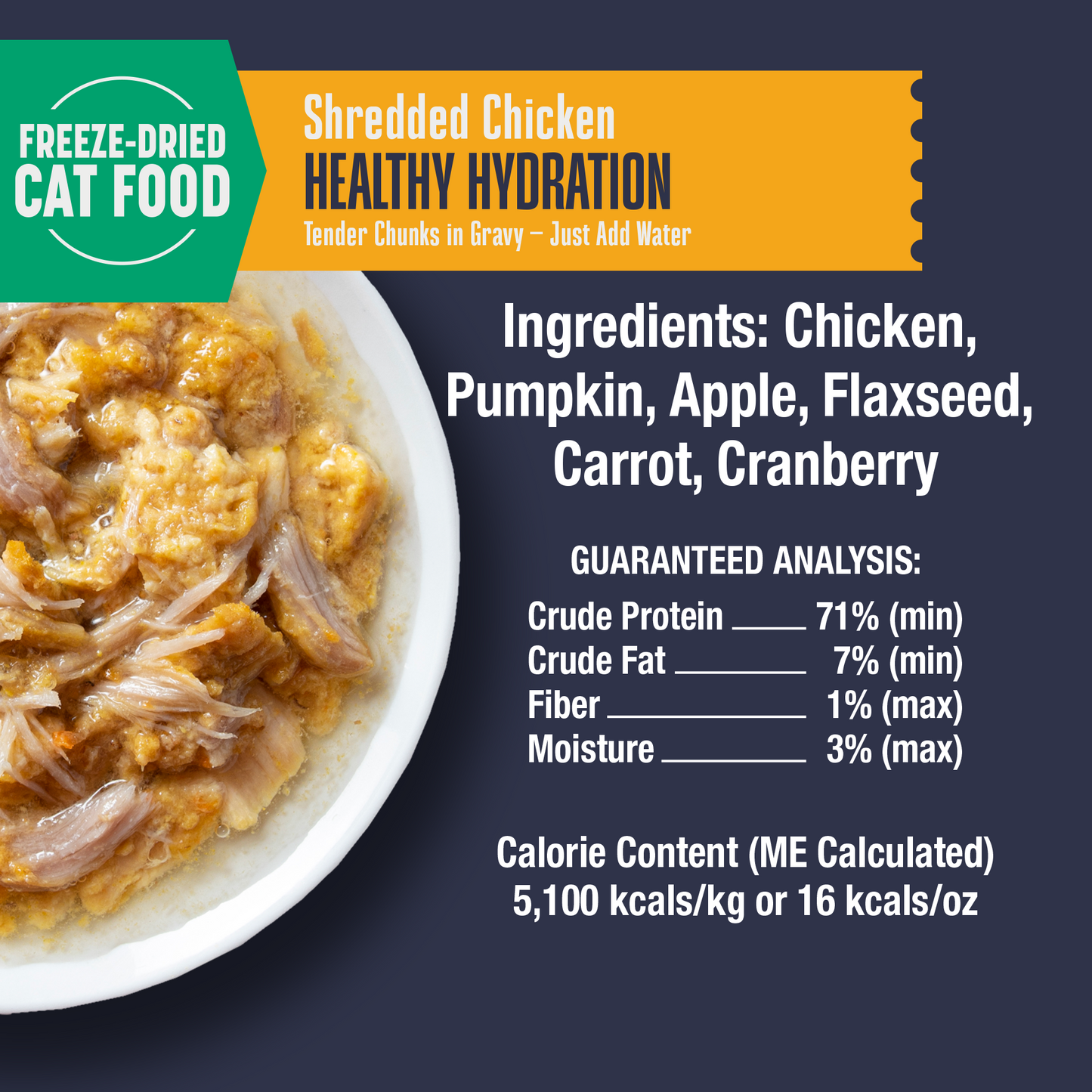 Freeze-dried cat food packaging with ingredients list and guaranteed analysis on a dark background