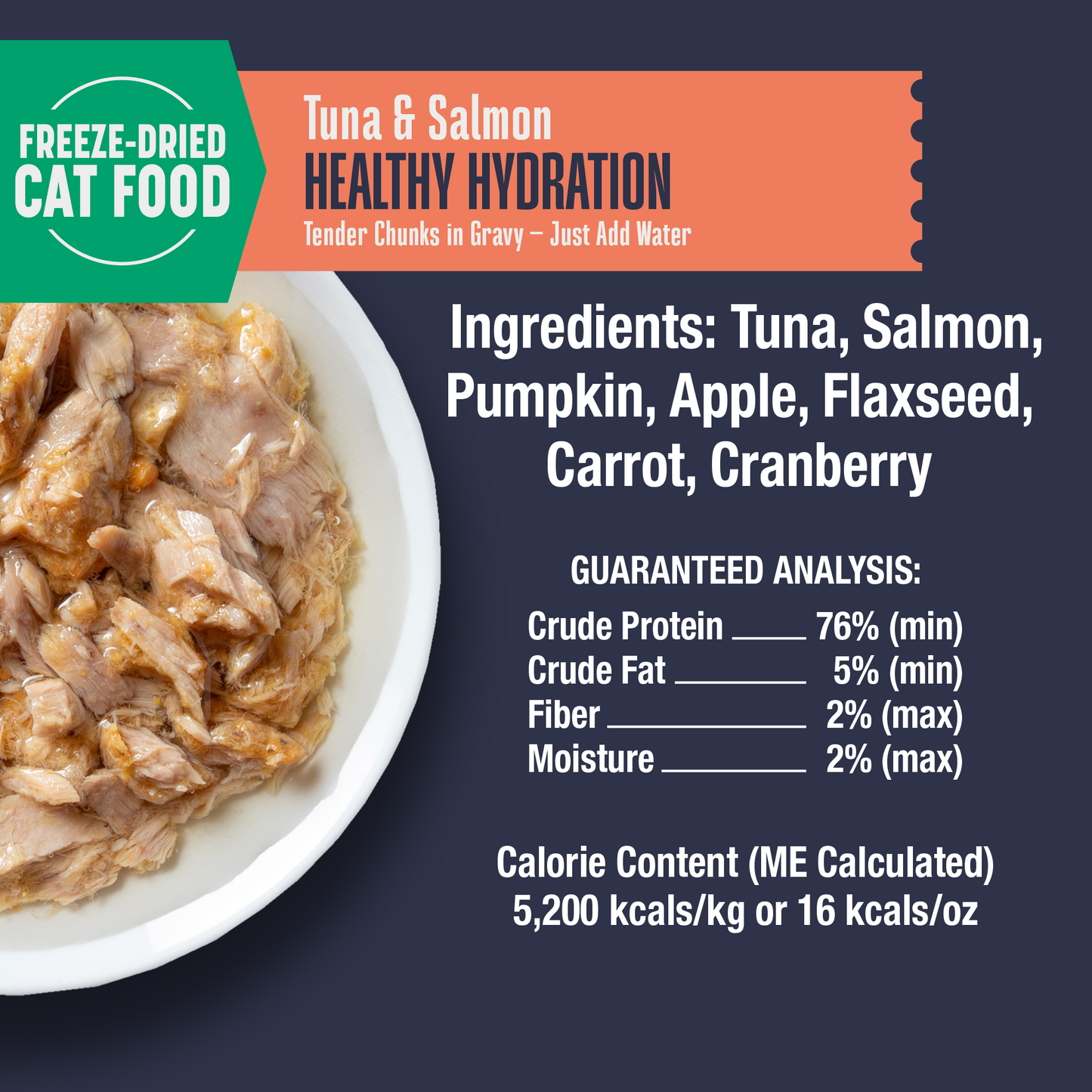 Freeze-dried cat food packaging with ingredients list and guaranteed analysis on a dark background