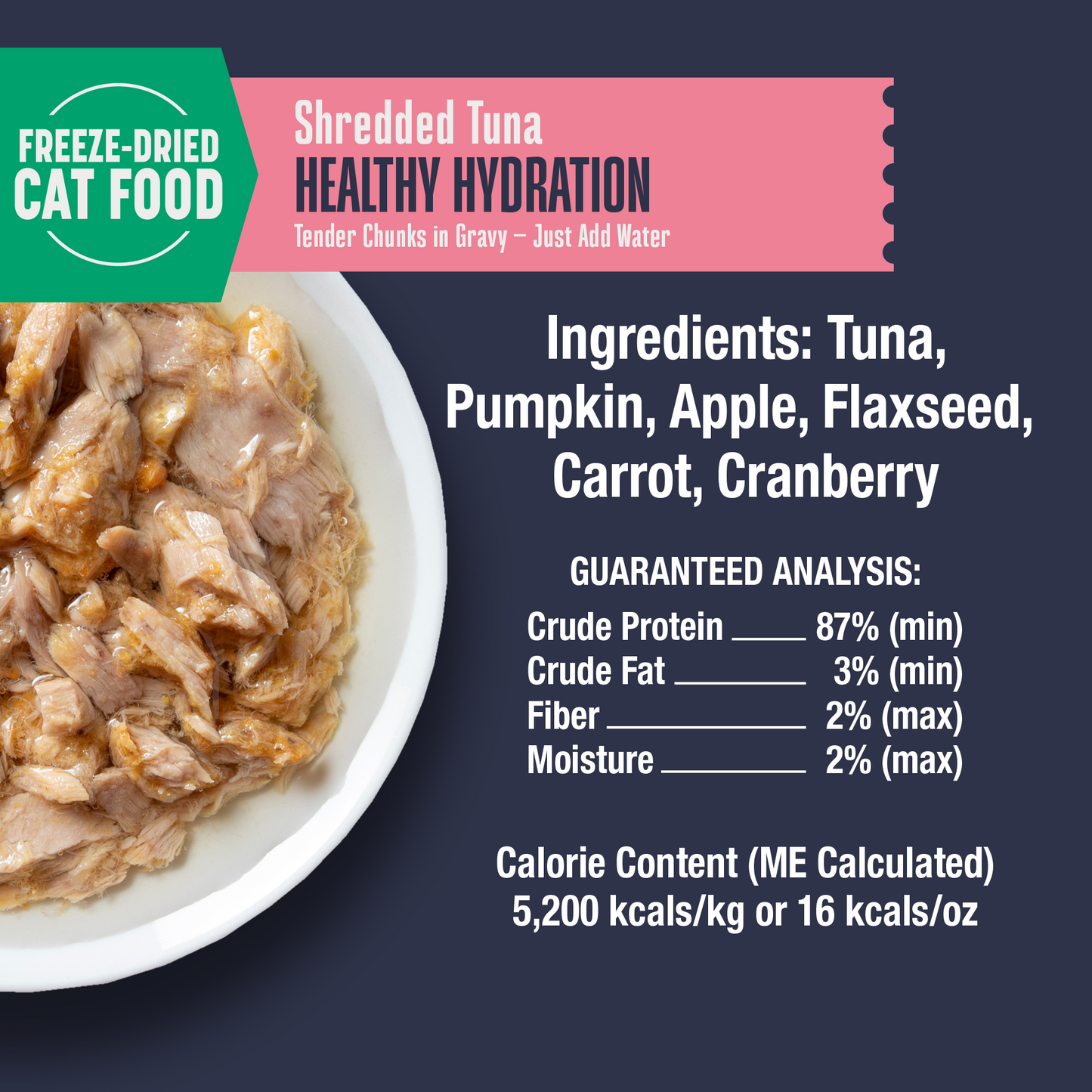 Shredded tuna cat food with ingredients and nutritional information on a dark background