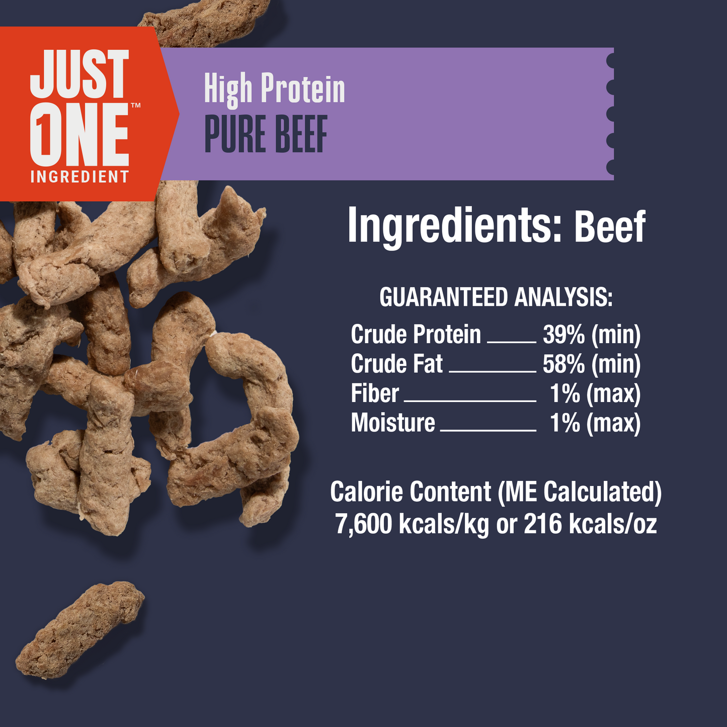 High protein beef product packaging with ingredients and guaranteed analysis details.
