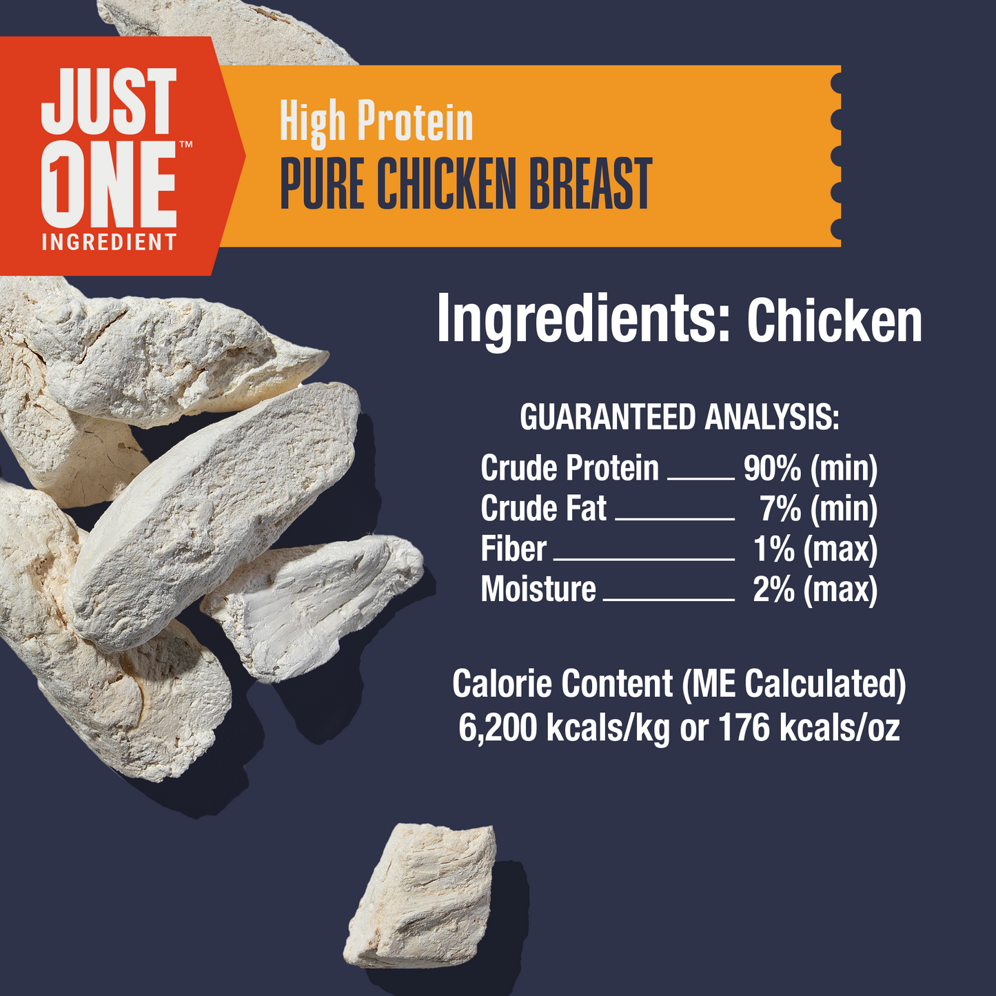 High protein pure chicken breast packaging with ingredients and guaranteed analysis details.
