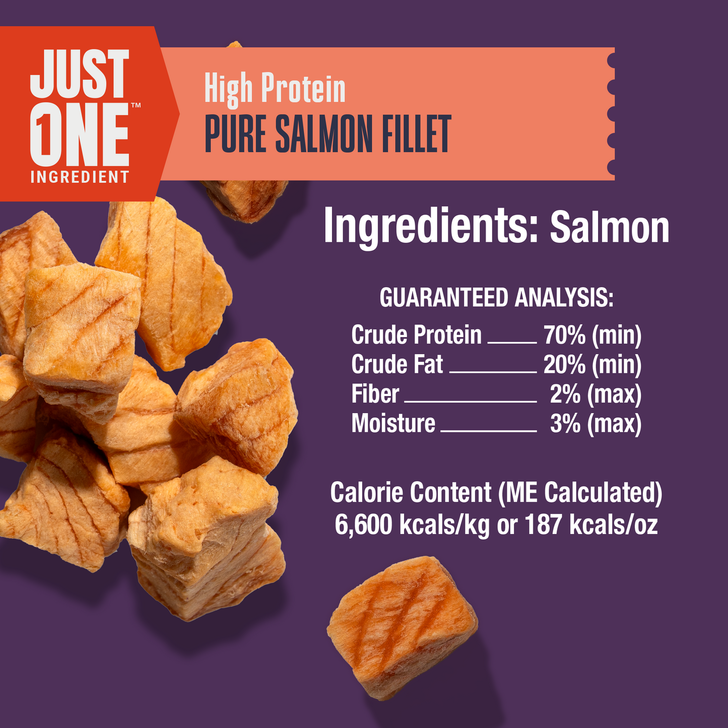 High protein pure salmon fillet packaging with ingredients and nutritional information on a purple background.