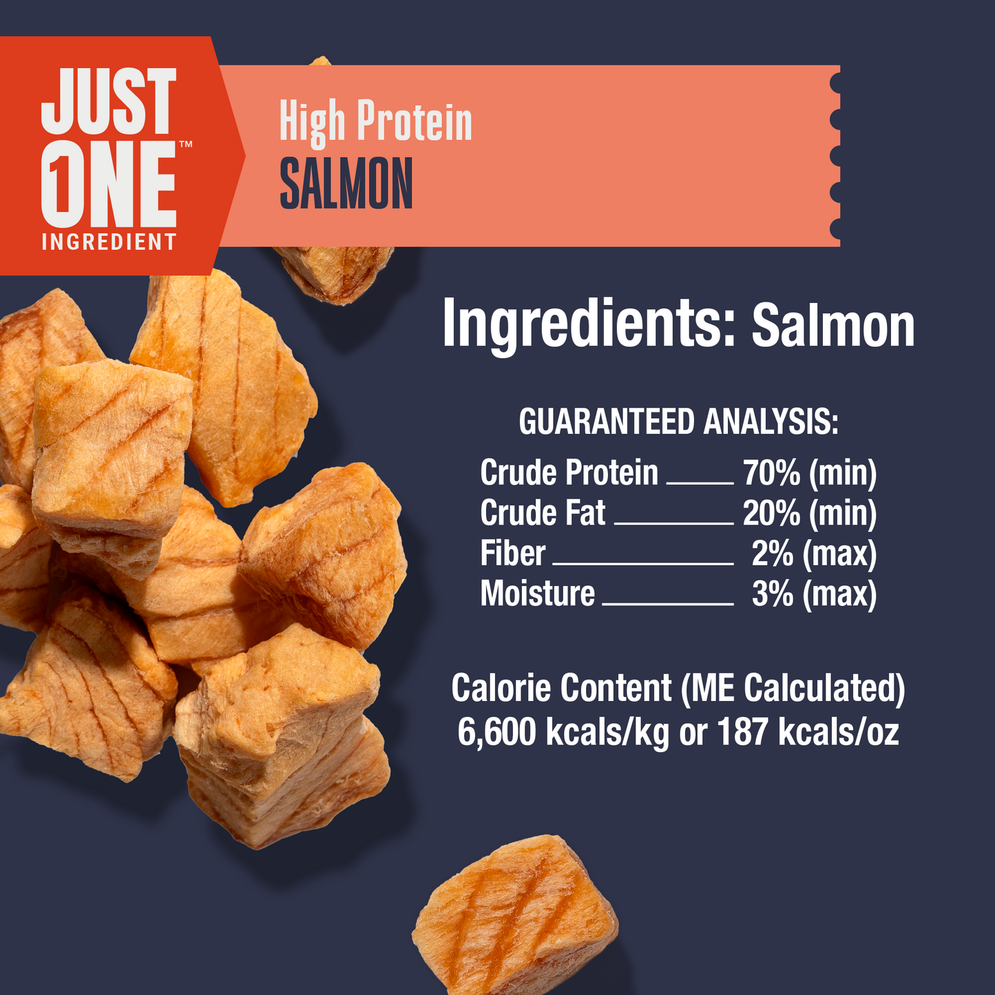 High protein salmon product with ingredients and guaranteed analysis on a dark background