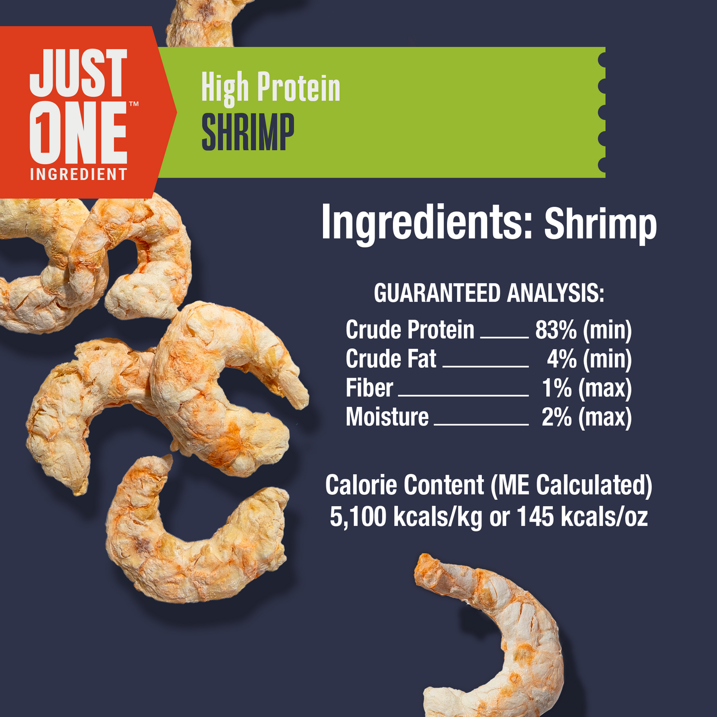 Shrimp packaging with ingredients and nutritional information on a dark background
