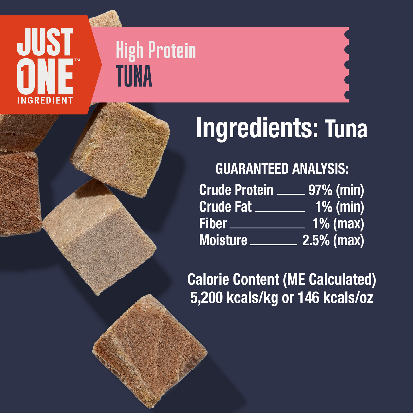 High protein tuna product with ingredients and guaranteed analysis on a dark background