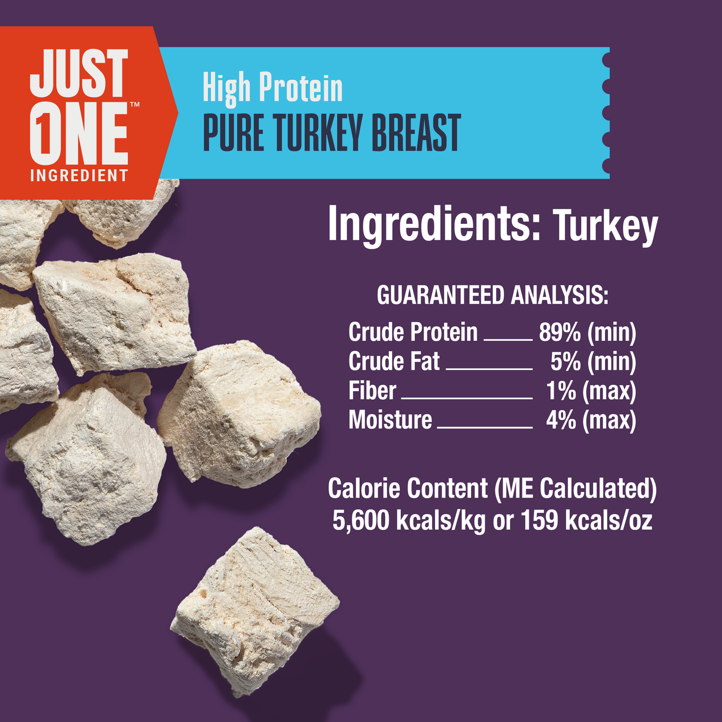 Product label for high protein pure turkey breast with ingredients and guaranteed analysis on a purple background.