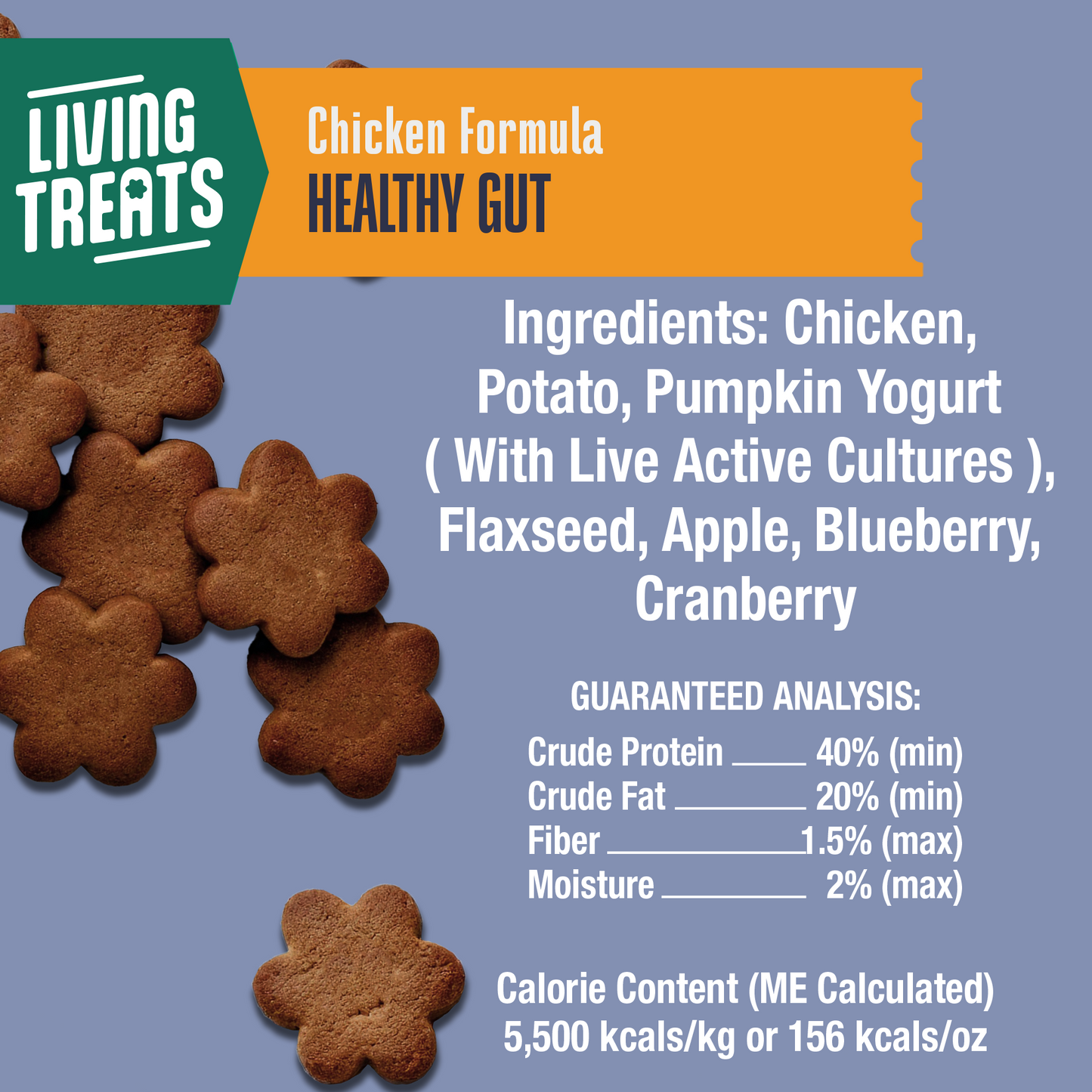 Living Treats Chicken Formula Healthy Gut dog treat packaging with ingredients and guaranteed analysis on a blue background.