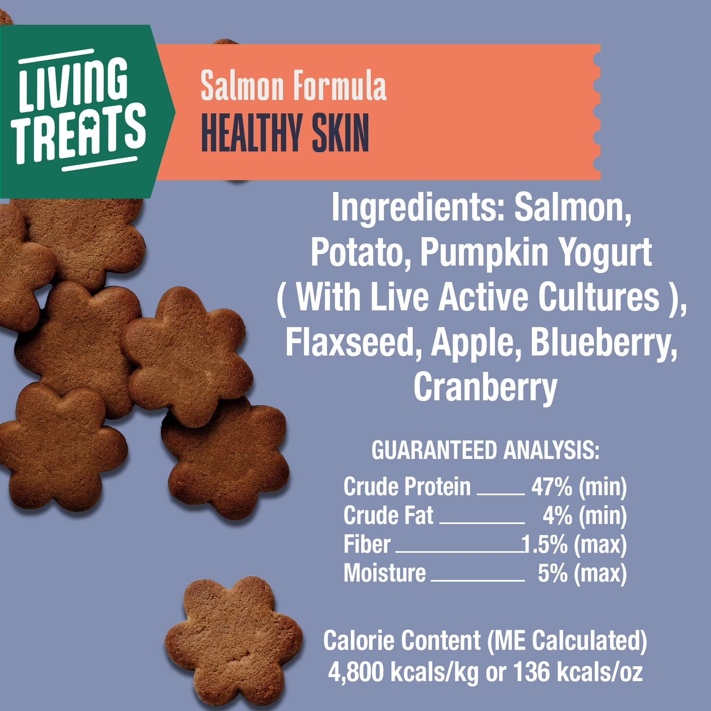 Dog treats with label detailing ingredients and nutritional information on a blue background