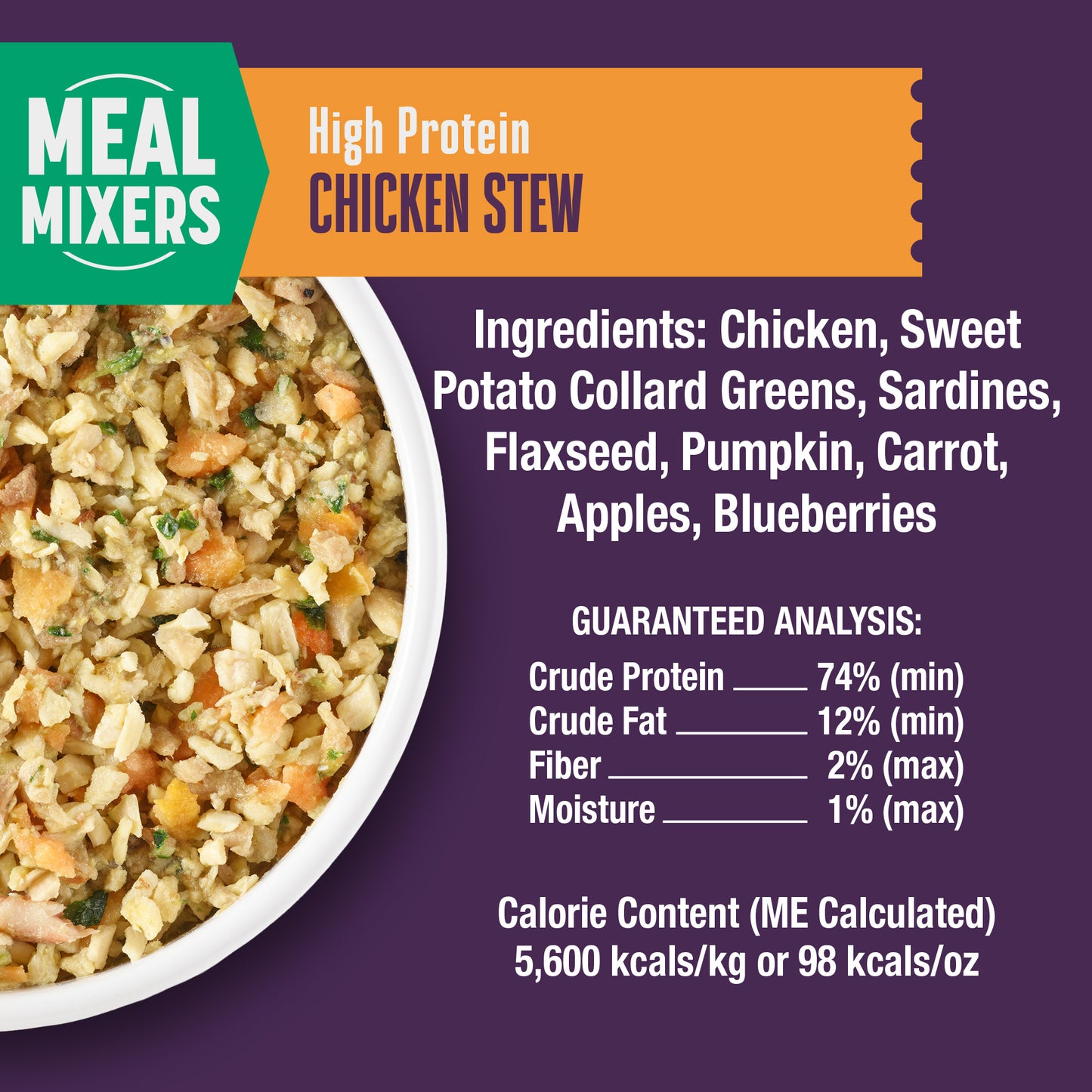 Meal Mixers High Protein Chicken Stew packaging with ingredients list and guaranteed analysis on a purple background.