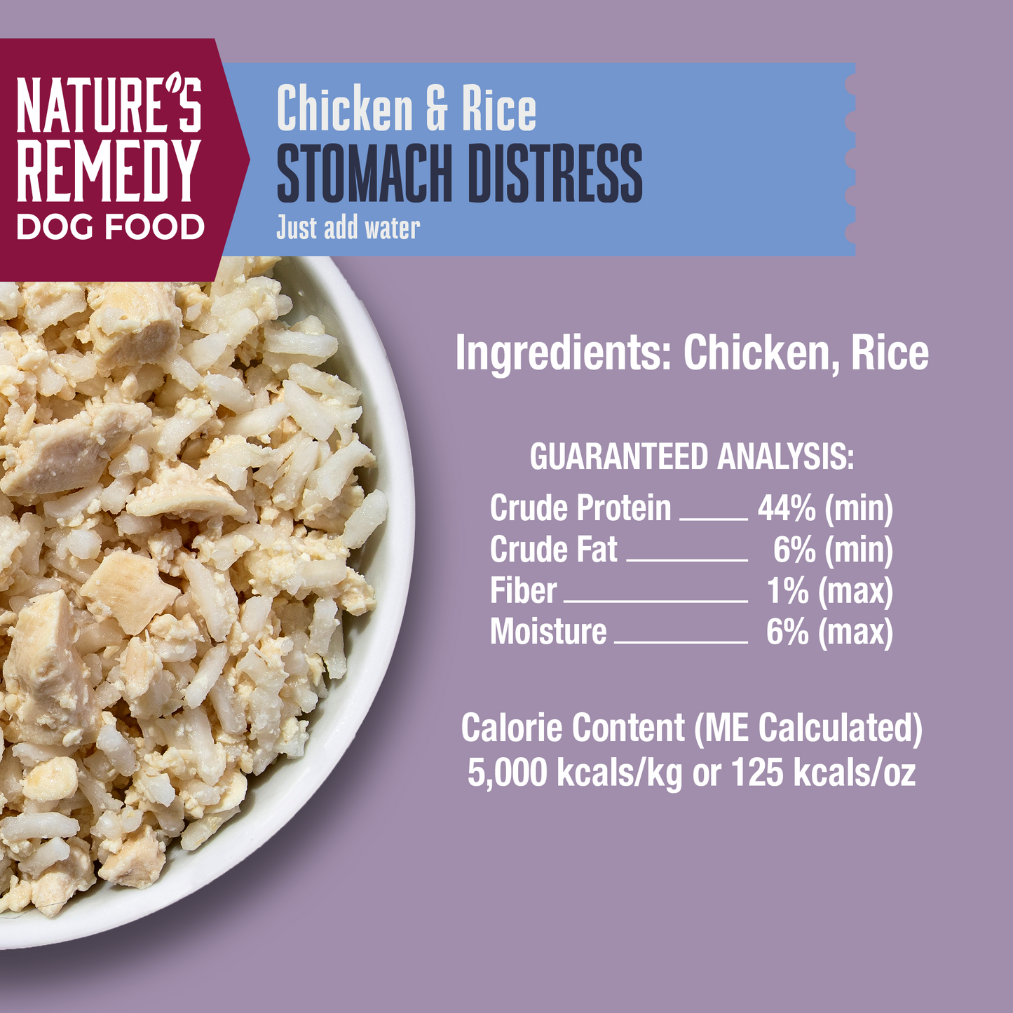 Nature's Remedy Chicken & Rice dog food with ingredients and guaranteed analysis on a purple background