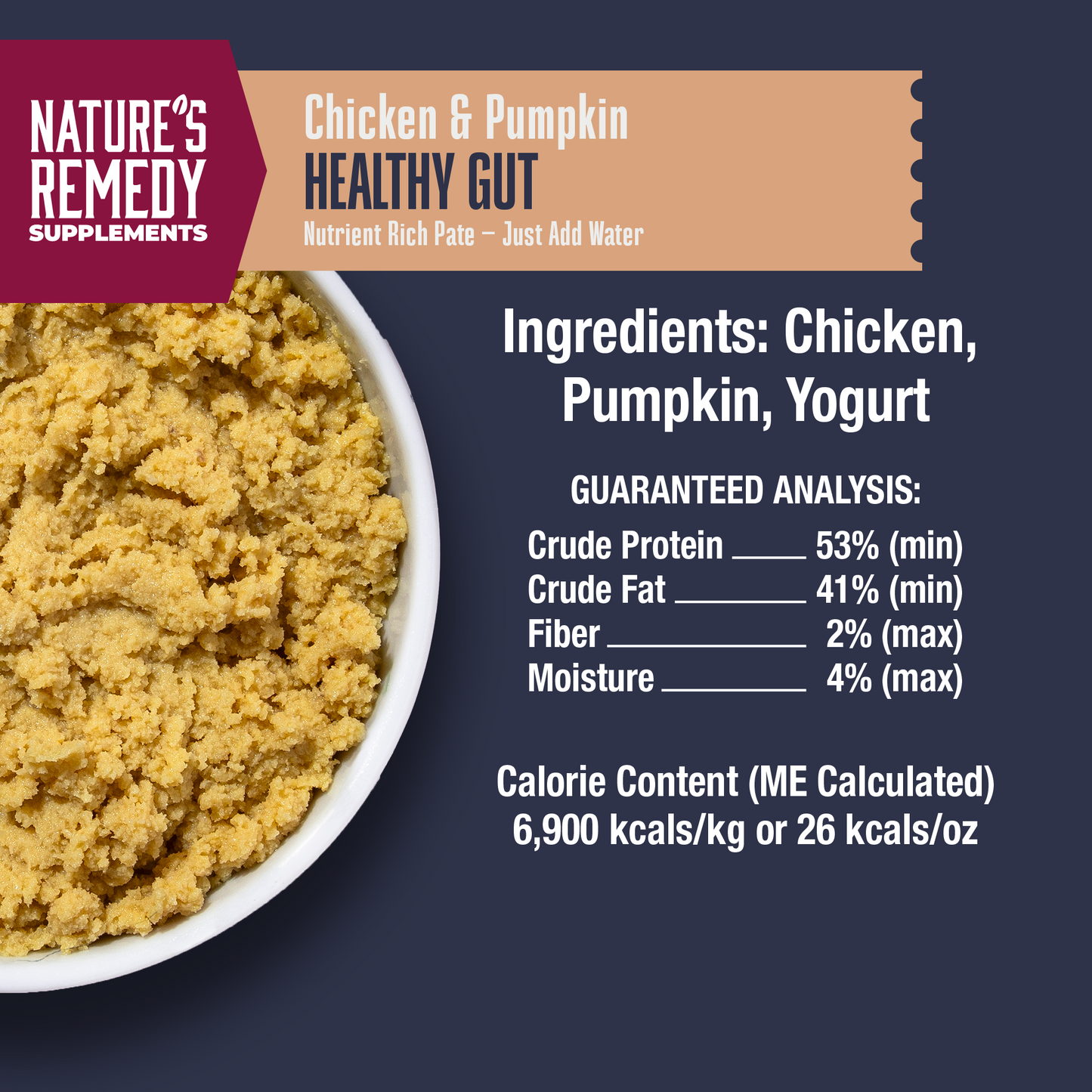 Nature's Remedy Chicken & Pumpkin Healthy Gut supplement with ingredients and guaranteed analysis on a dark background