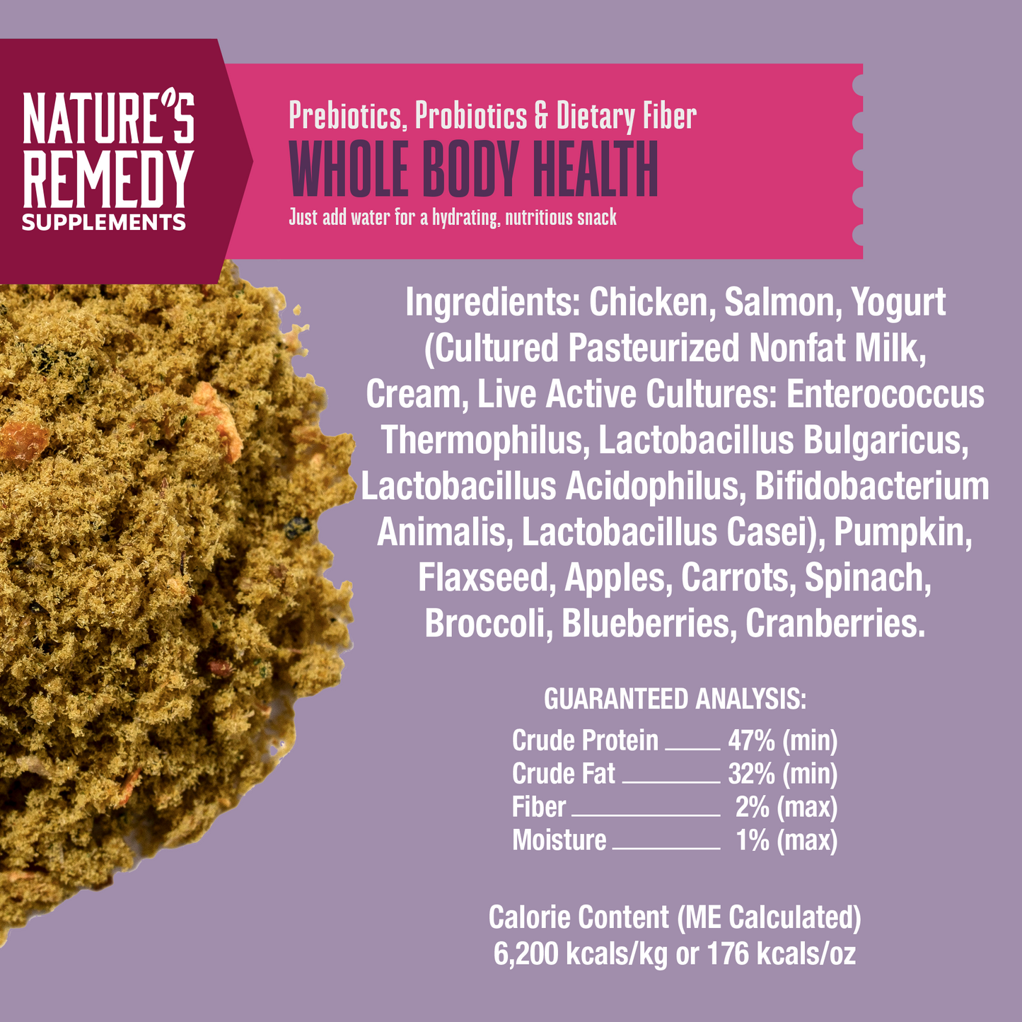 Supplement packaging with ingredients list and guaranteed analysis on a purple background