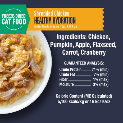 Freeze-dried cat food packaging with ingredients list and guaranteed analysis on a dark background