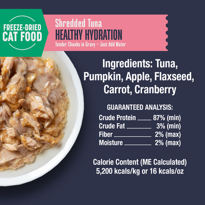 Shredded tuna cat food with ingredients and nutritional information on a dark background