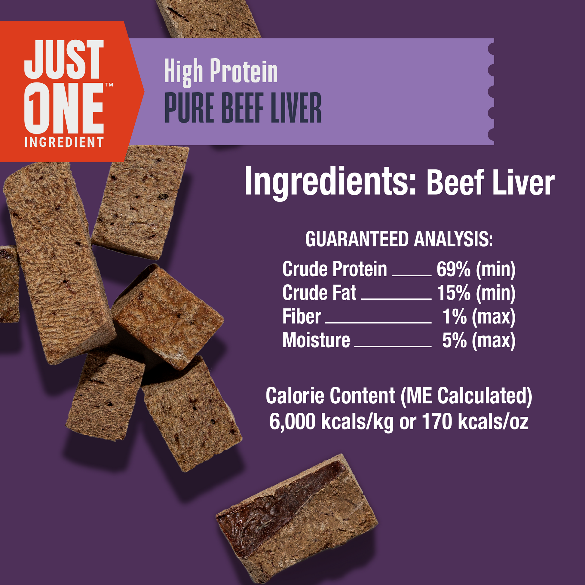 High protein pure beef liver product with ingredients and guaranteed analysis on a purple background