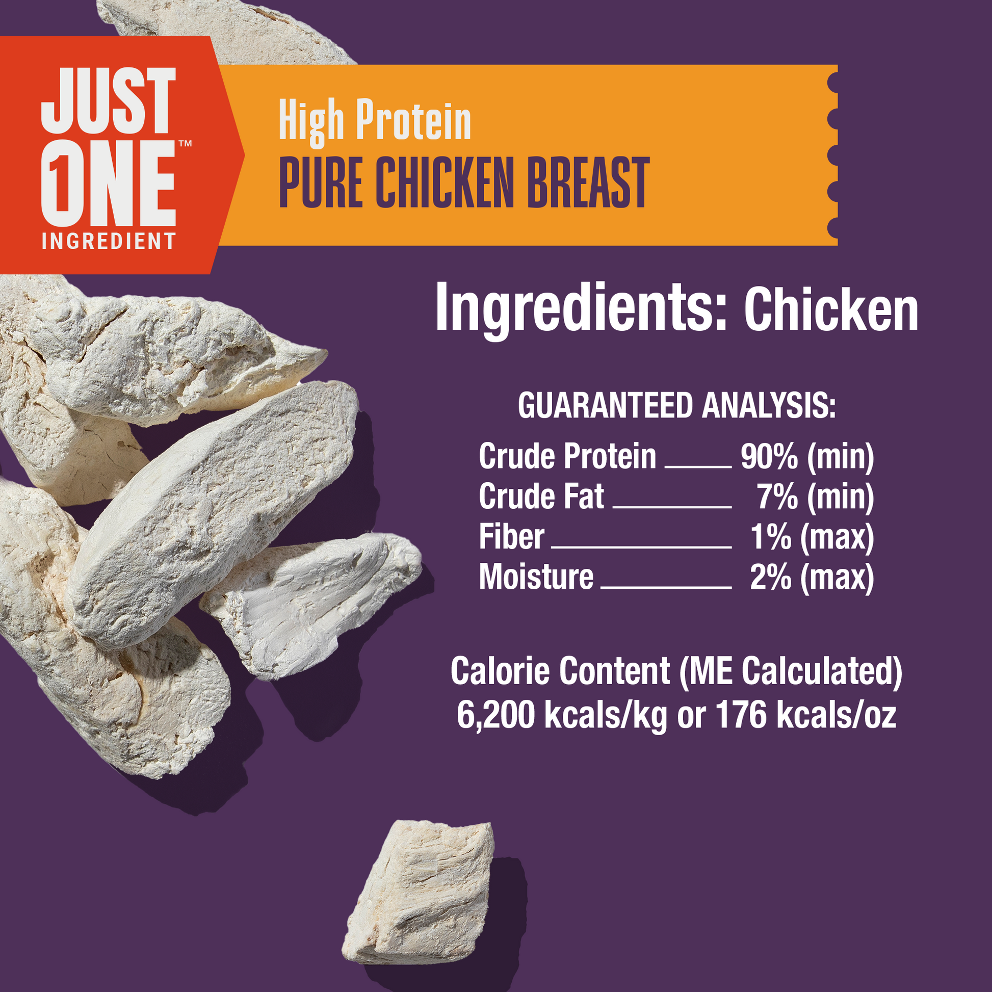 Product label for Just One High Protein Pure Chicken Breast on a purple background with chicken pieces.