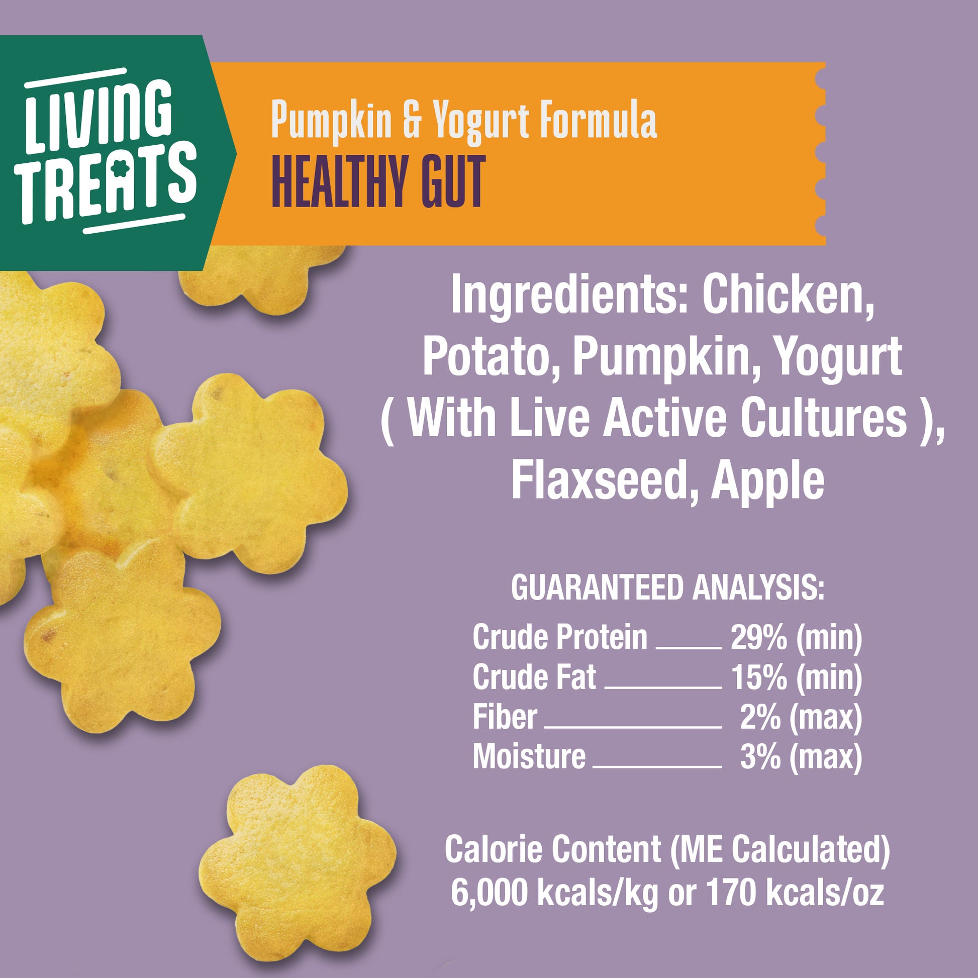Living Treats pumpkin and yogurt formula packaging with ingredients and guaranteed analysis on a purple background.