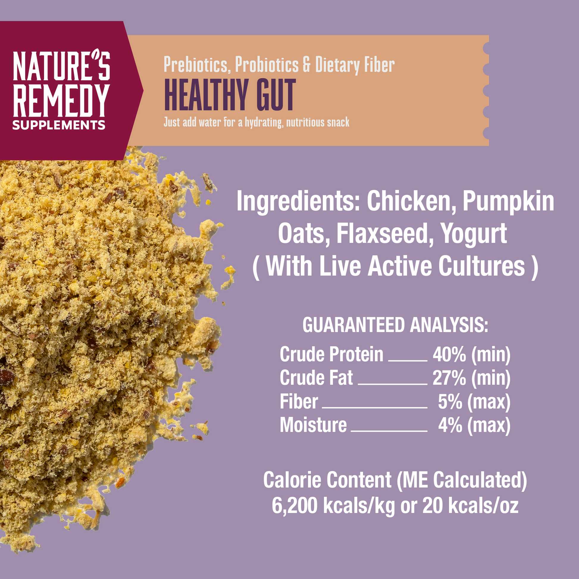 Nature's Remedy Supplements Healthy Gut product with ingredients and nutritional information on a purple background