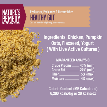 Nature's Remedy Supplements Healthy Gut product with ingredients and nutritional information on a purple background