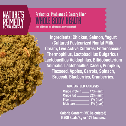 Supplement packaging with ingredients list and guaranteed analysis on a purple background