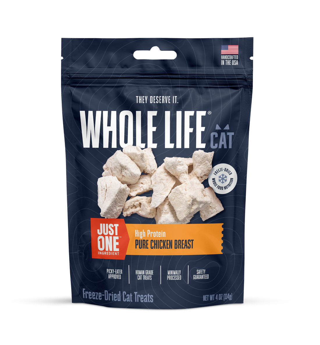 Whole Life Cat food package with shredded chicken illustration.